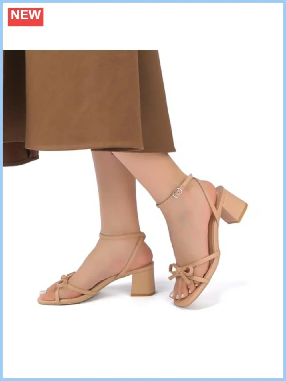 Women's Bow Strappy Low Block Heels Chunky Square Open Toe PU Sandals